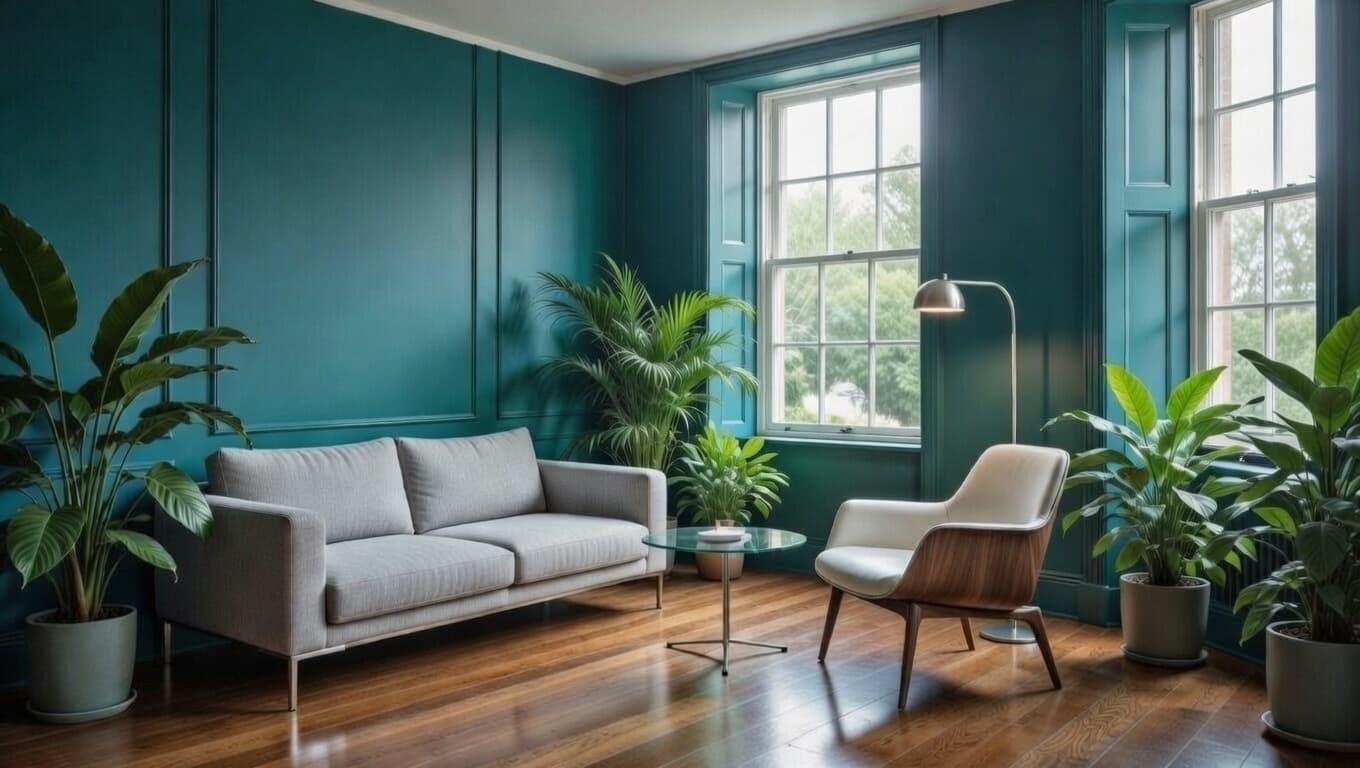 Calm modern therapy space with teal walls, natural light, and indoor plants